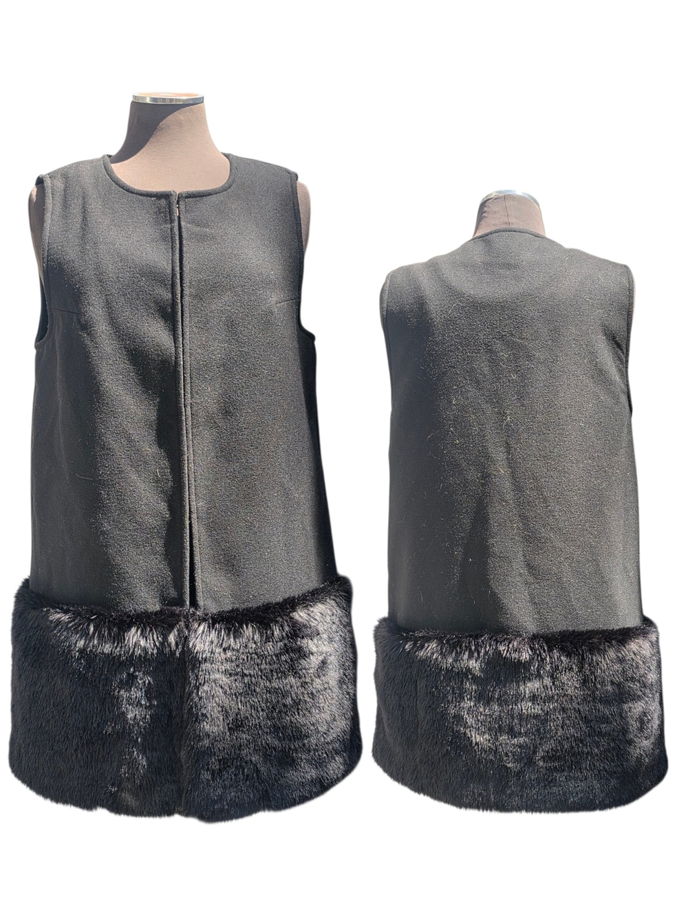 DKNY Black Sleeveless Mini Dress with Faux Fur Hem